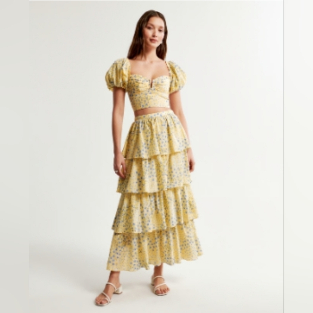 Tiered Yellow Floral Maxi Skirt Set - Women